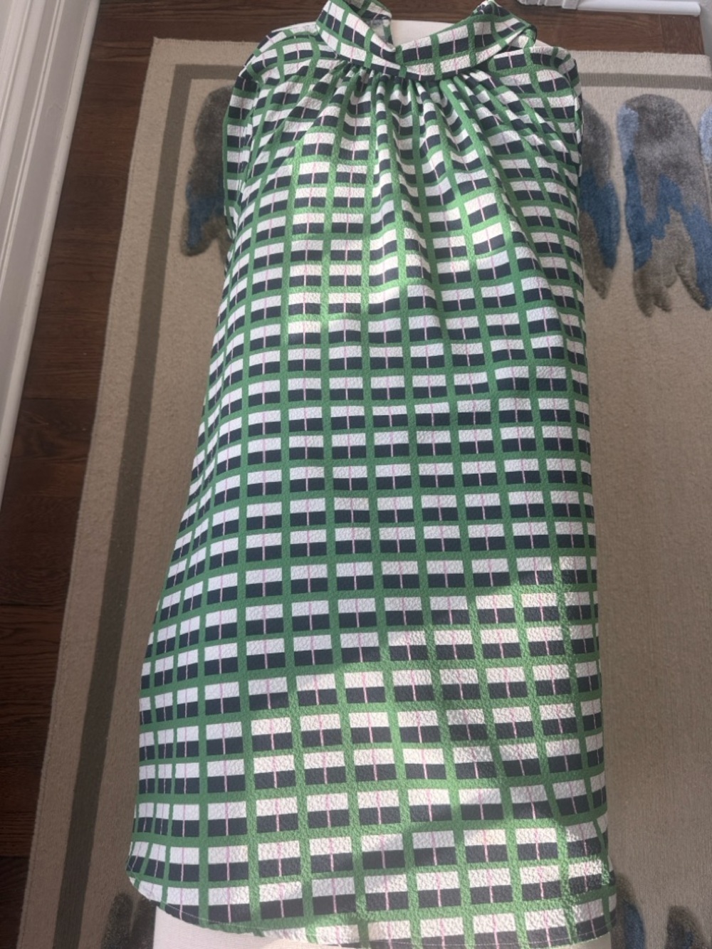 STINE GOYA Green, White & Navy Check Shift Dress